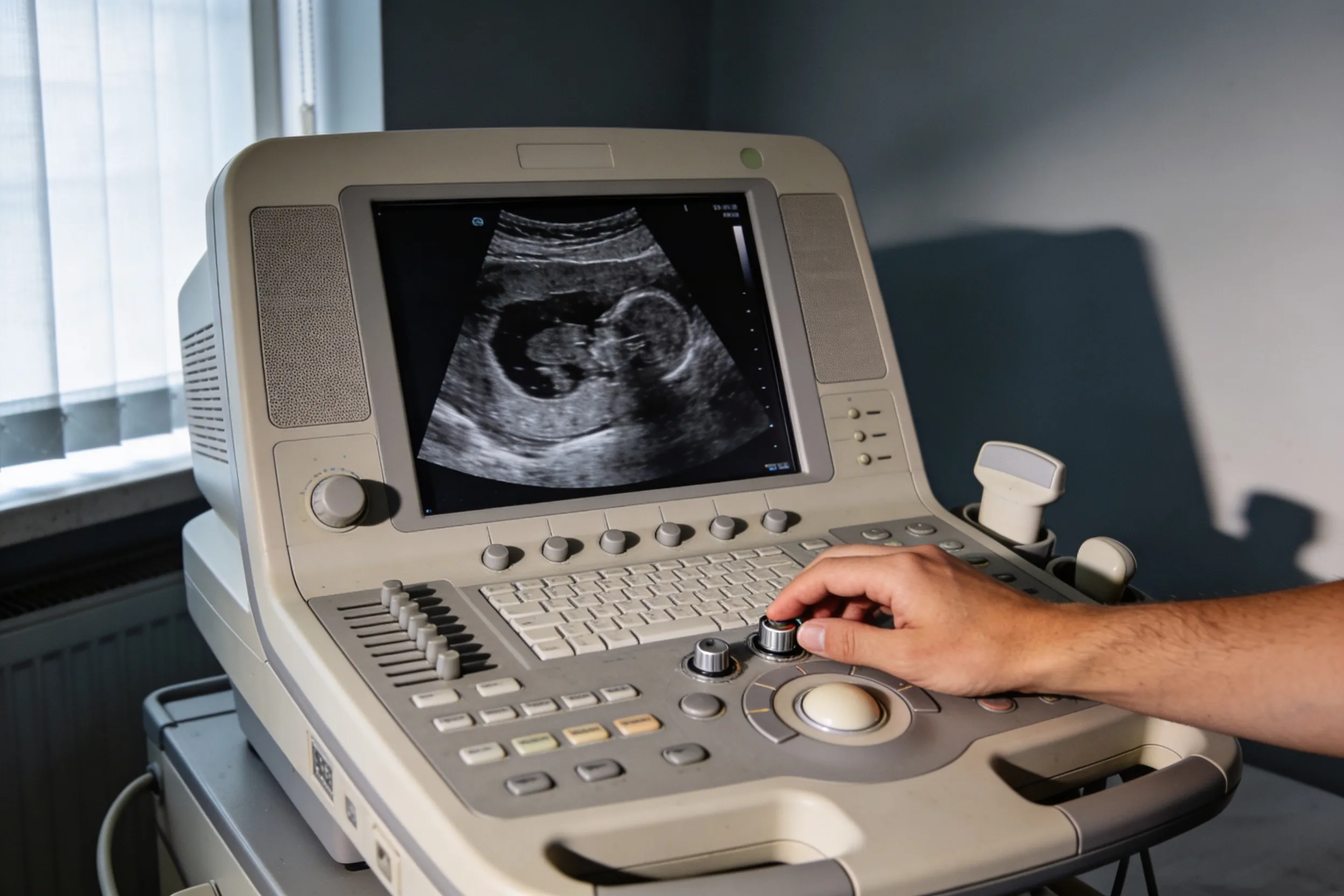 Bedienpanel eines Sonographie-Geräts in einer Spezialpraxis, eine Hand justiert einen Drehregler — Symbolbild für medizinische Bildgebung.